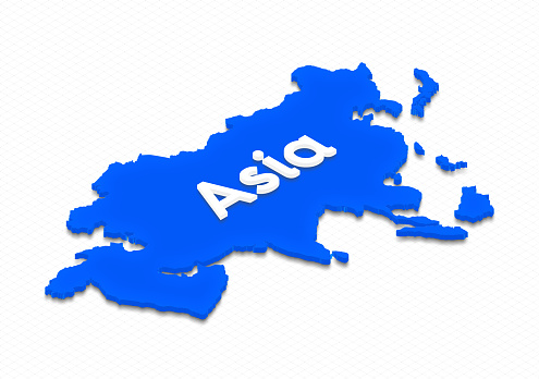 Illustration of a blue ground map of Asia on grid background. Right 3D isometric projection with the name of continent.