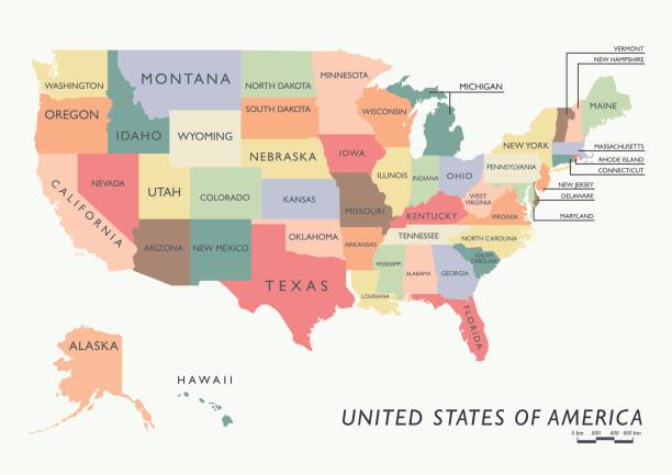 ilustraciones, imágenes clip art, dibujos animados e iconos de stock de colorido mapa de estados unidos con el nombre de los estados - south dakota