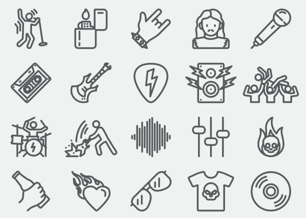 ilustraciones, imágenes clip art, dibujos animados e iconos de stock de iconos de línea de rock and roll - músico de rock