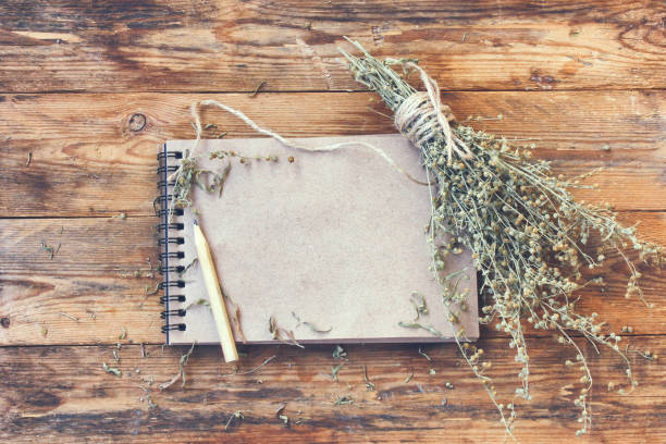 istock Bunch of dry herb wormwood, notepad for writing 821747190