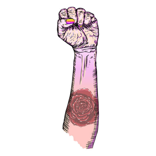 女性の手の拳フラッシュ バラのタトゥーを持つ自由のサインを発生します。花とピンク色の女の子パワー シンボルの手首。現実的なスタイル図面のフェミニズムの概念。エモ ゴシック色のボディー アート。ベクトル。 - power walking flash点のイラスト素材／クリップアート素材／マンガ素材／アイコン素材