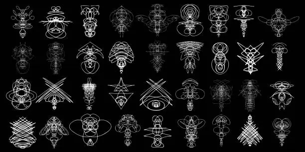 Vector illustration of Voodoo spirits symmetrical symbols set. Abstract geometric hand drawn spiritual black magic craft insignia Voodoo deity. Occultism, sacred geometry magic alien. Vector.