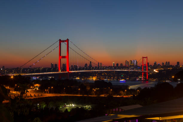 Martyrs Bridge ( 15 Temmuz Sehitler Koprusu ) Bosphorus Bridge at night Istanbul, Turkey stock photo