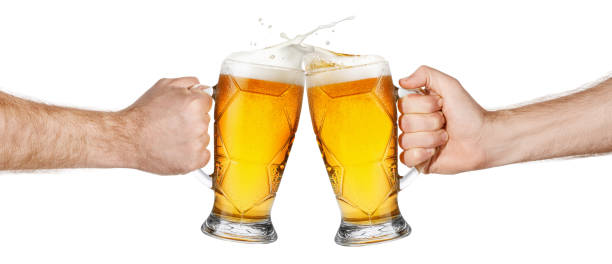 hands with beer mugs making toast - toast glass cut out human hand imagens e fotografias de stock