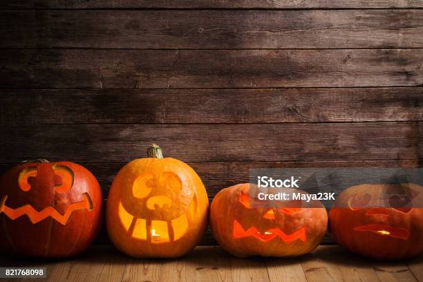 Pumpkins On Wooden Background With Copy Space Stock Photo - Download Image Now - Pumpkin, Carving Food, Jack O' Lantern