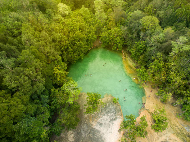 Aerial view of Natural emerald pond with amazing blue color water in Krabi province of Thailand stock photo