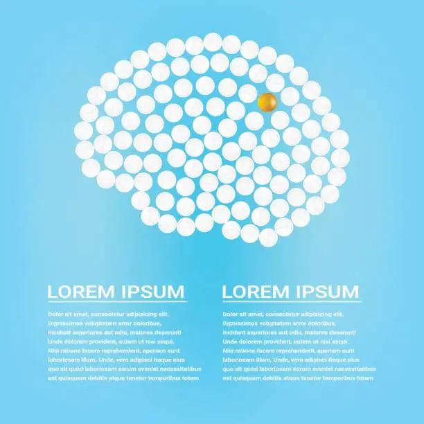 Vector illustration of Human Brain With Pills With Text Isolated On A Background. Vector Illustration