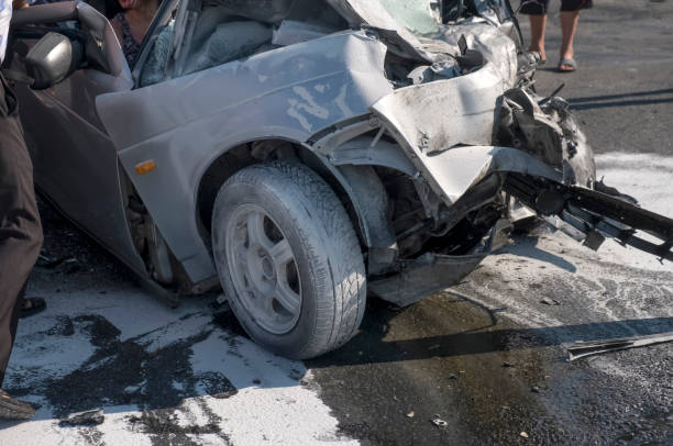 istock Damaged vehicle closeup after car crash. 821775236