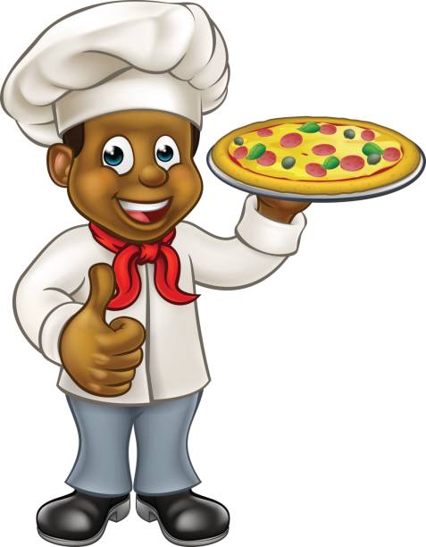 illustrazioni stock, clip art, cartoni animati e icone di tendenza di carattere cartoon pizzaiolo nero - human hand thumbs up african descent white background