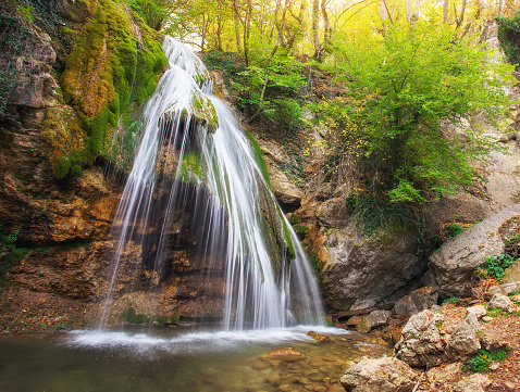 Waterfall Jur-Jur in Crimea. Beautiful autumn landscape