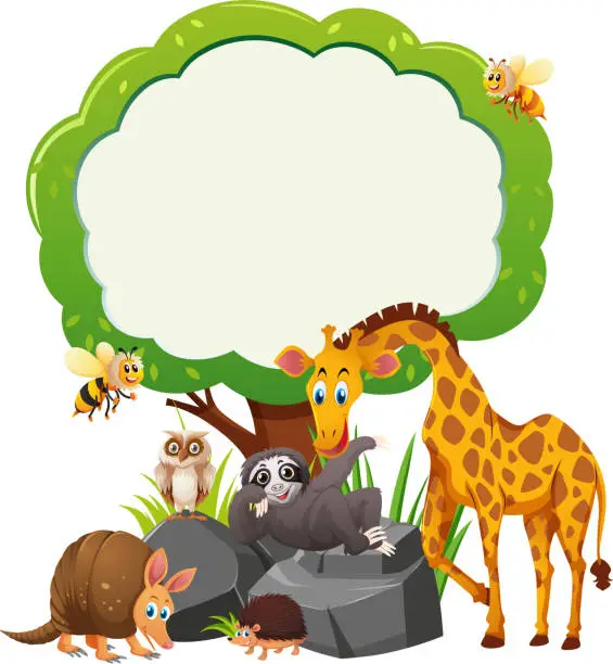 Vector illustration of Border template with wild animals under the tree
