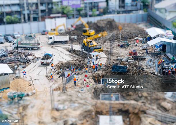 Construction Site Outdoor With Crane People Working Top View Stock Photo - Download Image Now