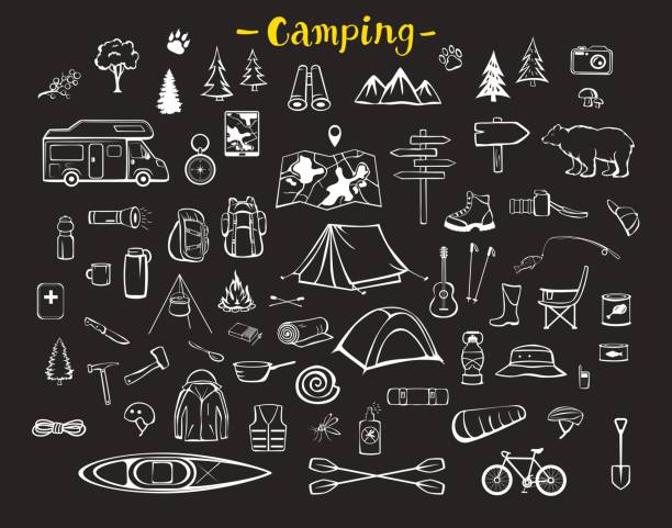 キャンプ、ハイキング、トレッキングの冒険 道具機器アイテム落書きシルエット セット - キャンプ　準備点のイラスト素材／クリップアート素材／マンガ素材／アイコン素材