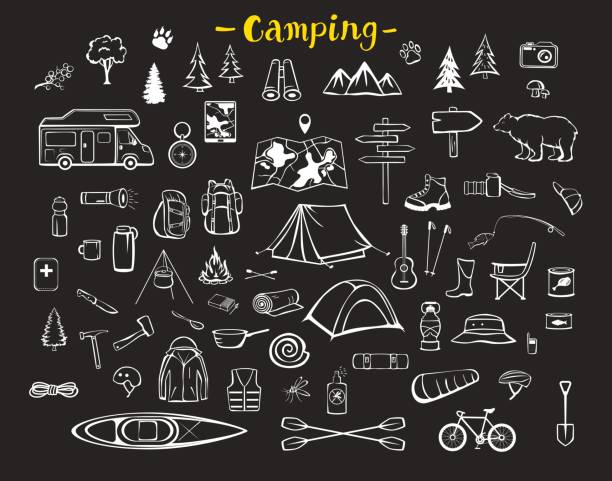 camping, turystyka, przygoda trekking niezbędne narzędzia sprzęt elementy doodle sylwetka zestaw - set of objects stock illustrations