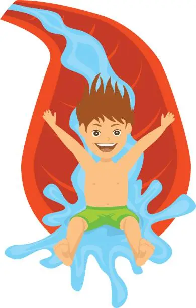 Vector illustration of boy sliding on waterpipe in aquapark, isolated