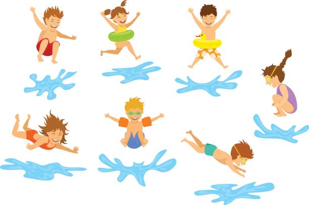 aktywne dzieci dzieci, chłopcy i dziewczęta nurkujące skoki do basenu wody odizolowane - inflatable slide sliding child stock illustrations