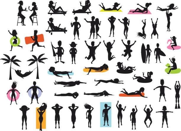 Silhouettes collection of people enjoying summertime beach holidays vacations. man, woman, couple sunbath, swim, floating, lying on inflatable rings and mattress, hammock, drinking cocktails Silhouettes collection of people enjoying summertime beach holidays vacations. man, woman, couple sunbath, swim, floating, lying on inflatable rings and mattress, hammock, drinking cocktails swimming silhouettes stock illustrations