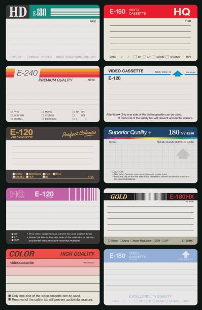 ilustraciones, imágenes clip art, dibujos animados e iconos de stock de 10 etiquetas de pegatinas de la cinta de vídeo - videocasete