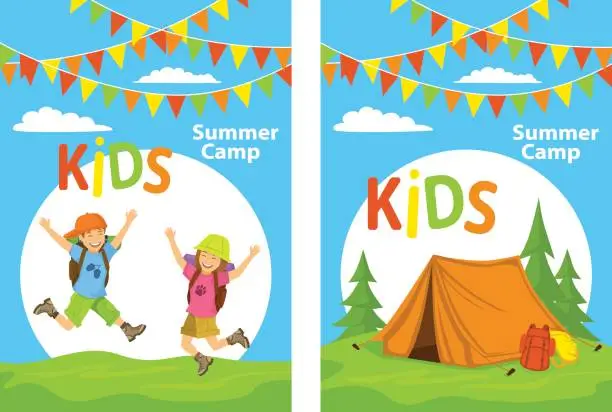 Vector illustration of kids camp poster templates with children jumping for joy and campsite with tent, forest and backpacks