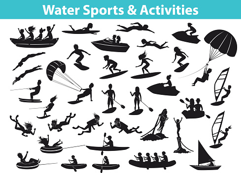 Summer water beach sports, activities SIlhouette set. People, man, woman, couple, family windsurfing, surfing, jet skiing, stand up paddleboarding, snorkeling, scuba diving, tubing, riding speed boat and banana float, fly boarding, kayaking, parasailing, wakeboarding, kitesurfing, waterskiing,