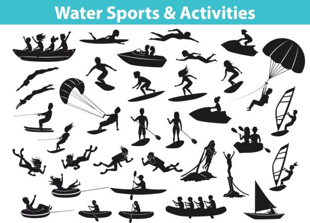 Summer water beach sports, activities SIlhouette set Summer water beach sports, activities SIlhouette set. People, man, woman, couple, family windsurfing, surfing, jet skiing, stand up paddleboarding, snorkeling, scuba diving, tubing, riding speed boat and banana float, fly boarding, kayaking, parasailing, wakeboarding, kitesurfing, waterskiing, parasailing stock illustrations