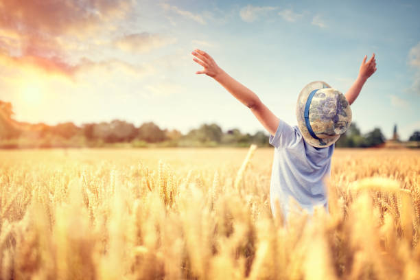 Boy in a wheat field in summer with raised arms watching the sunset