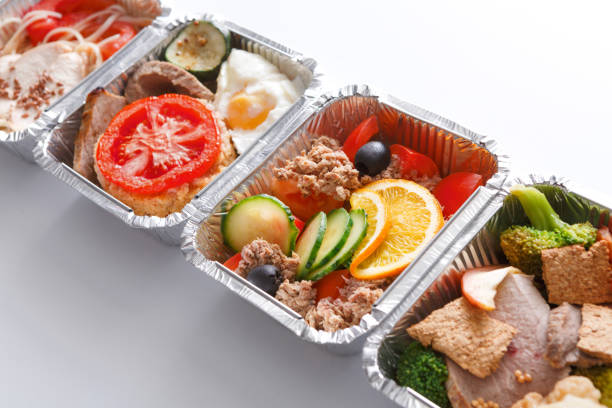 istock Healthy meals in boxes, diet concept. Meat with garnish and vegetables 821800752