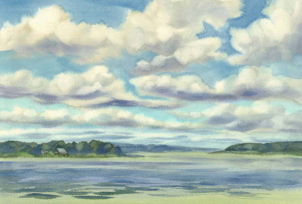 chmury nad jeziorem akwarela - peaceful river stock illustrations