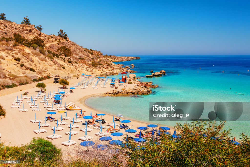 Beautiful landscape near of Nissi beach and Cavo Greco in Ayia Napa, Cyprus island, Mediterranean Sea. Amazing blue green sea and sunny day. Republic Of Cyprus Stock Photo