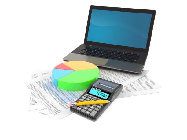 ordenador portátil con informe y gráfico - spreadsheet pie chart chart report fotografías e imágenes de stock