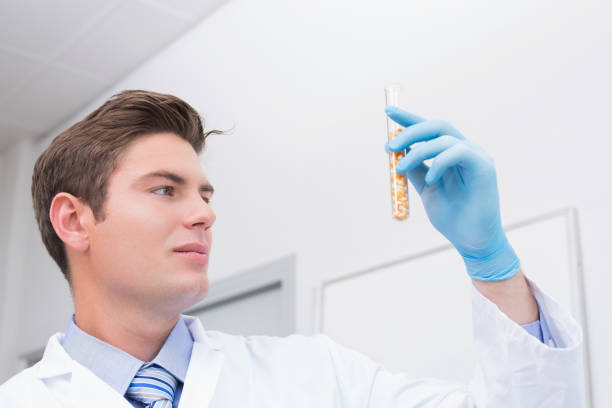 scienziato in possesso di provetta con mais all'interno - test tube biologist laboratory beaker foto e immagini stock