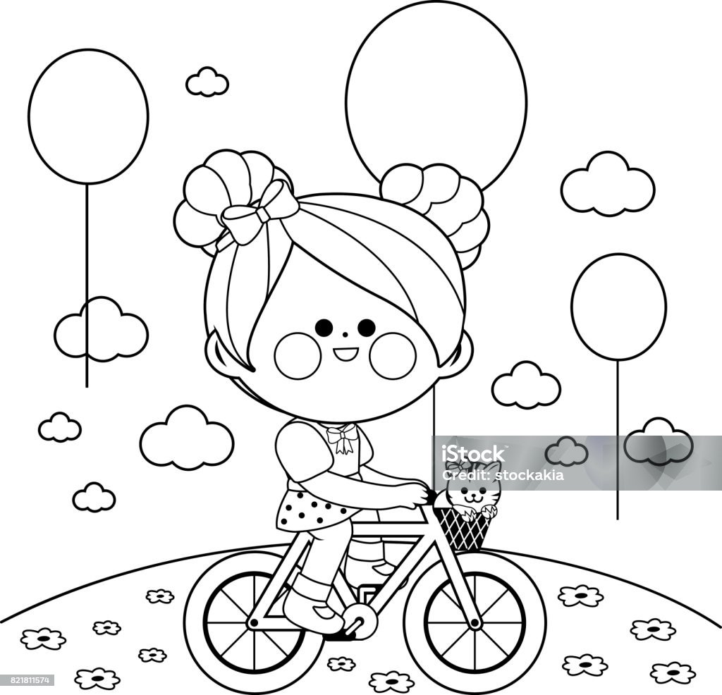 Girl on a bicycle at the park. Black and white coloring book page Happy little girl riding a bicycle at the park. Vector black and white coloring book page Child stock vector