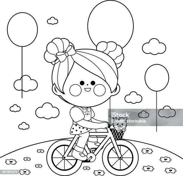 Girl On A Bicycle At The Park Black And White Coloring Book Page Stock Illustration - Download Image Now