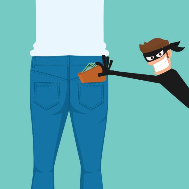 Thief pickpocket stealing a wallet from back jeans pocket. Thief pickpocket stealing a wallet from back jeans pocket. Cartoon Vector Illustration. pickpocketing stock illustrations