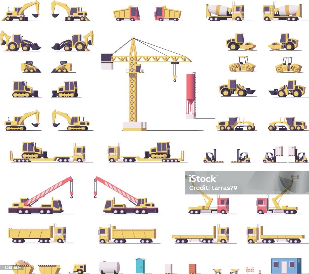 Vector low poly construction machinery Vector low poly construction machinery set Construction Site stock vector