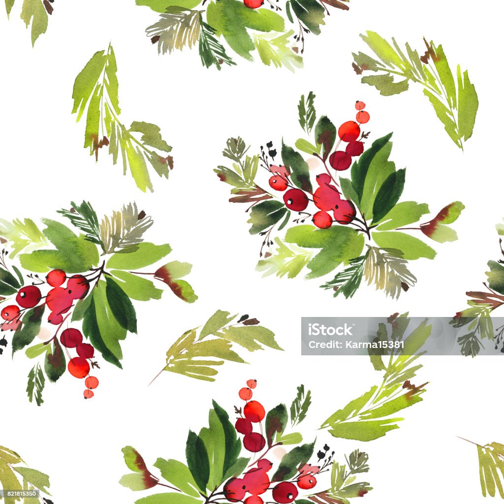 Seamless watercolor Christmas pattern with berries and spruce Holly stock illustration