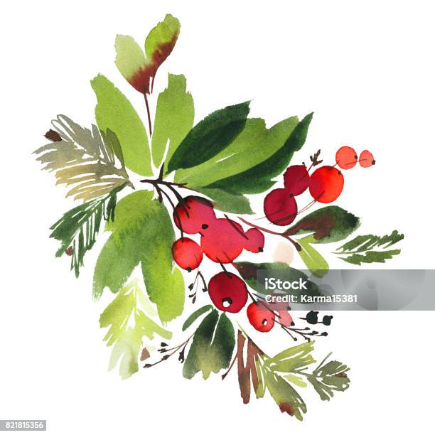 Christmas Watercolor Card With Spruce And Berries Stock Illustration - Download Image Now - Christmas, Watercolor Painting, Abstract