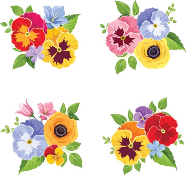 Set of colorful flowers. Vector illustration. Vector set of colorful pansy and bluebell flowers and green leaves. pansy stock illustrations