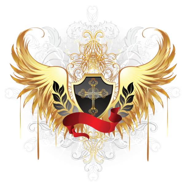 ilustrações de stock, clip art, desenhos animados e ícones de black shield with golden wings - cross cross shape shiny gold