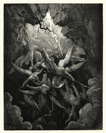 Vintage engraving by Gustave Dore, from Milton's Paradise Lost. Hell at last, Yawning, received them whole.