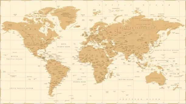 Vector illustration of World Map Vintage Vector. Detailed illustration of worldmap