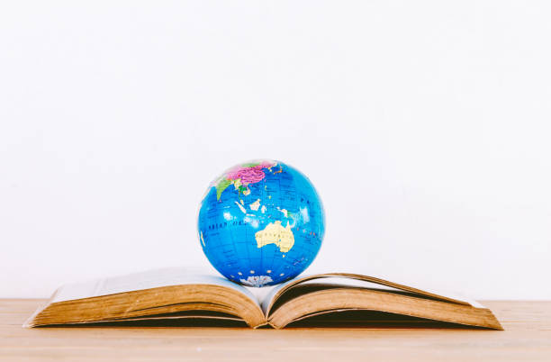 istock Global ball on book on wooden table 821820338