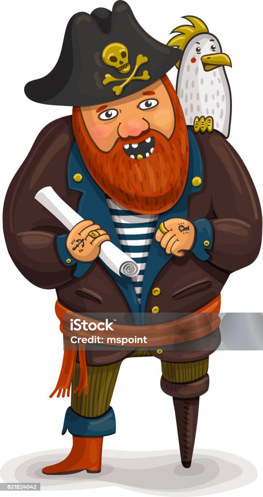 Ilustración de Una Ilustración De Un Pirata De Dibujos Animados Amable Con  Un Mapa Del Tesoro Un Pirata De Dibujos Animados Con Un Loro Sobre Su Hombro  Pirata Barba Roja Pirata Con