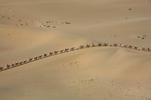 una carovana di turisti sulle dune di sabbia canora di dunhuang, provincia di gansu, cina - arid climate asia color image day foto e immagini stock