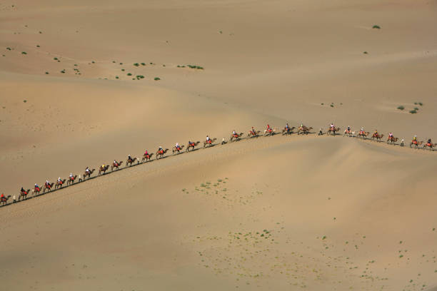 karawana turystów na śpiewających wydmach dunhuang, prowincja gansu, chiny - arid climate asia color image day zdjęcia i obrazy z banku zdjęć