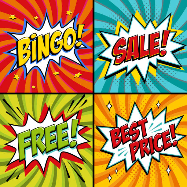 pop-art-web-banner. bingo. kostenlos. ausverkauf. bester preis. lotto spiel hintergrund. pop-art-comic bang auf rotem verdrehte form. ideal für web-banner - entertainment occupation flash stock-grafiken, -clipart, -cartoons und -symbole