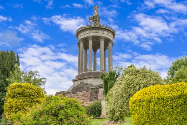 Burns Monument in the town of Alloway near Ayr set in the Burns memorial gardens on  a clear day with blue skys unususal for Scotland (Nikon D800e & 24-70mm F/2.8 lens)