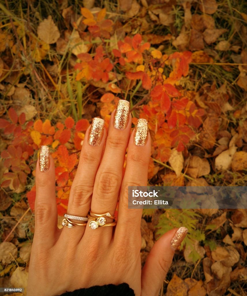 Autumn golden manicure. Gold glitter nails. Female hand with gold glitter nails on an autumn foliage background. Autumn Stock Photo