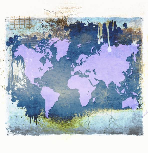 istock Purple world map on grunge dripping abstract background. 821848112