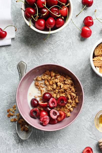 Granola with cherries. Healthy gluten free breakfast.